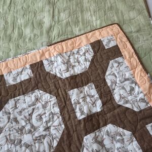 Homemade New Never Used Bunny Quilt In Cream, Brown & Pink  35Wx 49.5L
